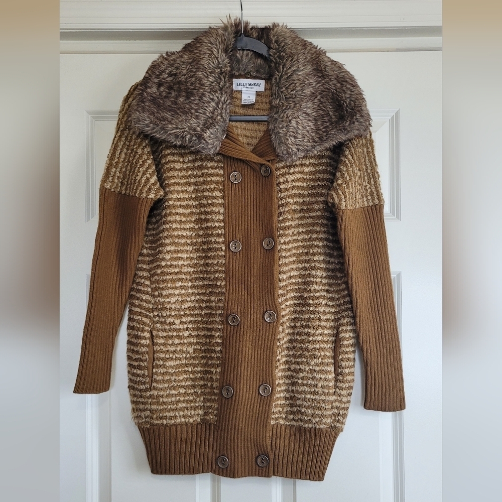 Lilly McKay Brown & Tan Grandpa Cardigan w/ Detachable Faux Fur Collar - Size M